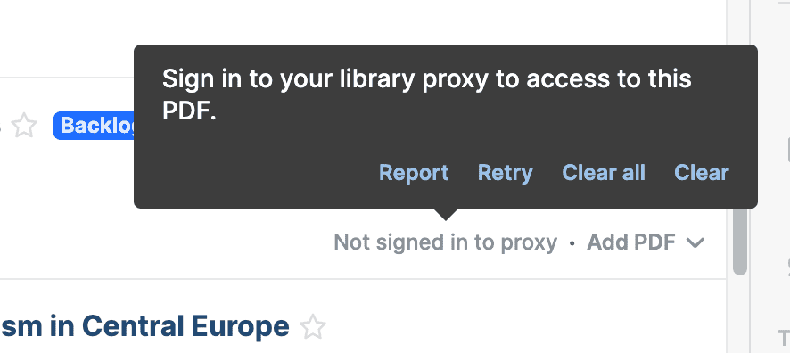 A “Not signed in to proxy · Add PDF” status on a reference with a tooltip asking you to sign in to your library proxy to access the PDF, and Report, Retry, “Clear all” and Clear links.